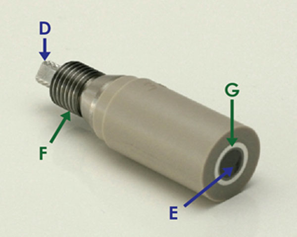 Rotating Ring-Disk Electrode Tip with Electrical Connections Labeled