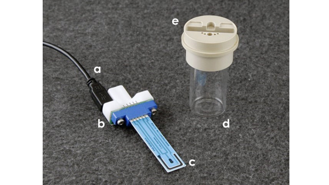  Compact Voltammetry Cell Components: (a) USB-Style Cell Cable; (b) Cell Grip Mount; (c) Screen-Printed Electrode (SPE); (d) Scintillation Vial; and (e) Cap