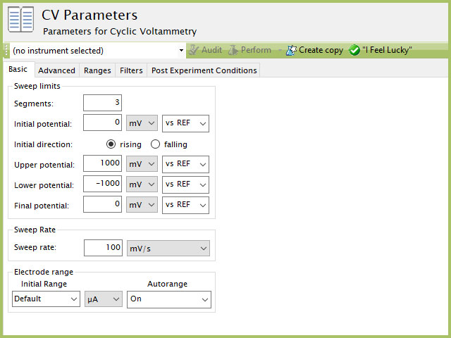 Screen Capture of AfterMath CV setup for Dummy Cell Test 