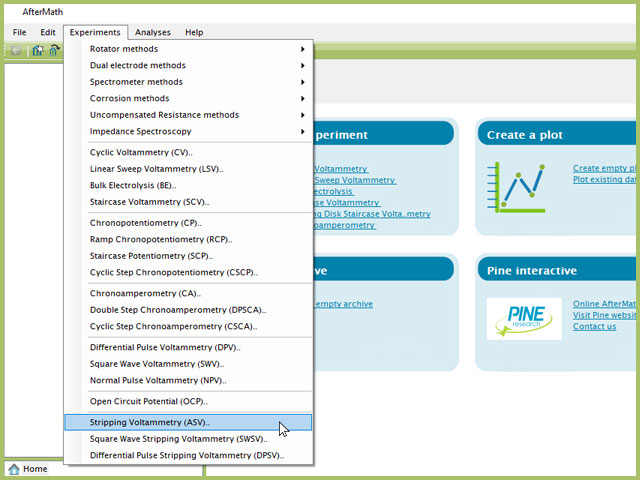 Stripping Voltammetry (ASV) Experiment Menu Selection in AfterMath