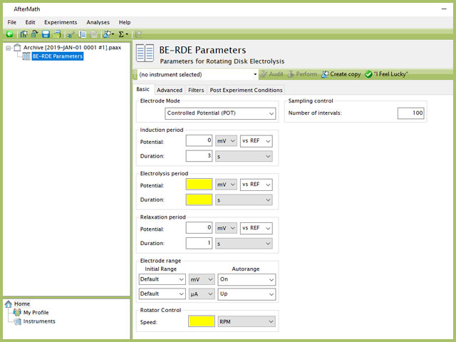 Rotating Disk Electrolysis (BE-RDE) Experiment Basic Tab