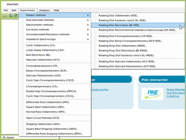 Rotating Disk Electrolysis (BE-RDE) Experiment Menu Selection in AfterMath