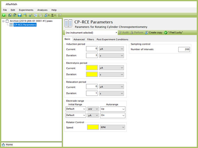 Rotating Cylinder Chronopotentiometry (CP-RCE) Experiment Basic Tab