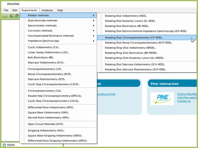 Rotating Disk Chronopotentiometry (CP-RDE) Experiment Menu Selection in AfterMath