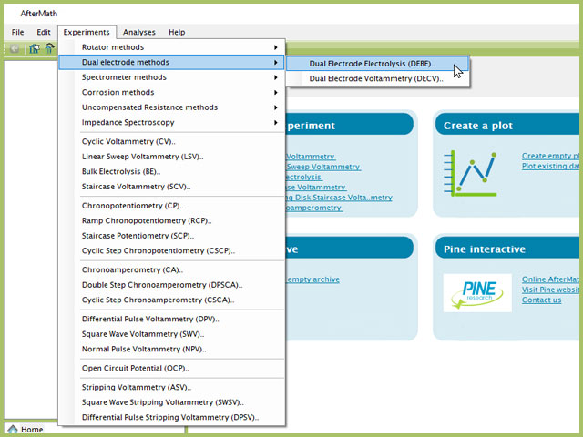 Dual Electrode Bulk Electrolysis (DEBE) Experiment Menu Selection in AfterMath