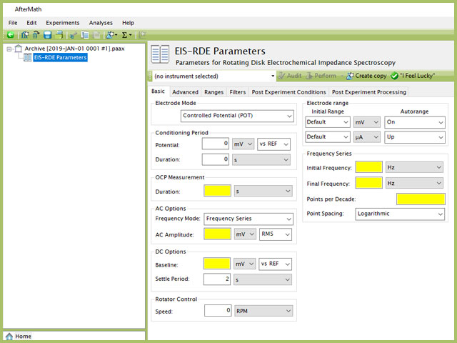 Rotating Disk Electrochemical Impedance Spectroscopy (EIS-RDE) Experiment Basic Tab