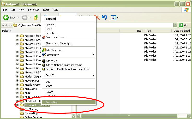 Properties Box for National Instruments Folder