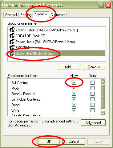 National Instruments Properties Security Tab