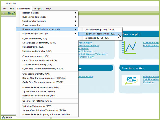 Positive Feedback Feedback Uncompensated Resistance (PF-RU) Experiment Menu Selection in AfterMath