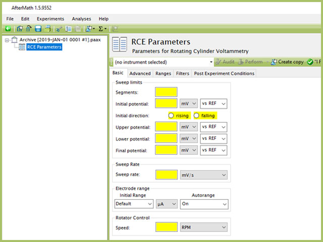 Rotating Cylinder Voltammetry (RCE) Experiment Basic Tab
