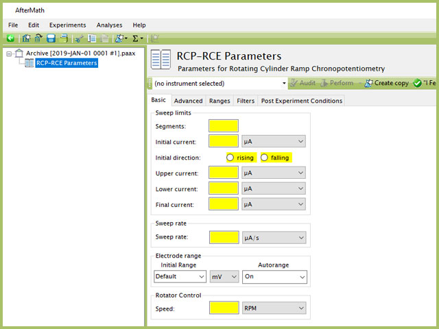 Rotating Cylinder Ramp Chronopotentiometry (RCP-RCE) Experiment Basic Tab