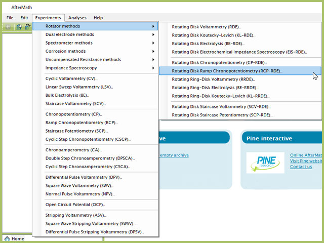Rotating Disk Ramp Chronopotentiometry (RCP-RDE) Experiment Menu Selection in AfterMath