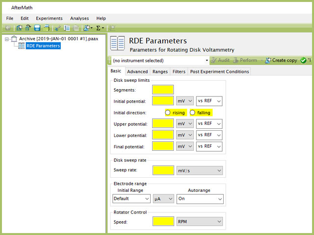 Rotating Disk Voltammetry (RDE) Experiment Basic Tab