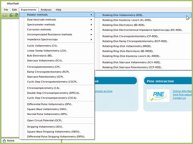 Rotating Disk Voltammetry (RDE) Experiment Menu Selection in AfterMath