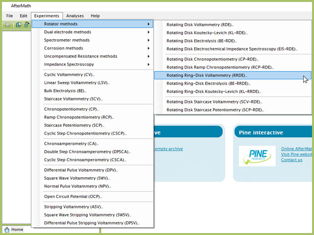 Rotating Ring-Disk Voltammetry (RRDE) Experiment Menu Selection in AfterMath