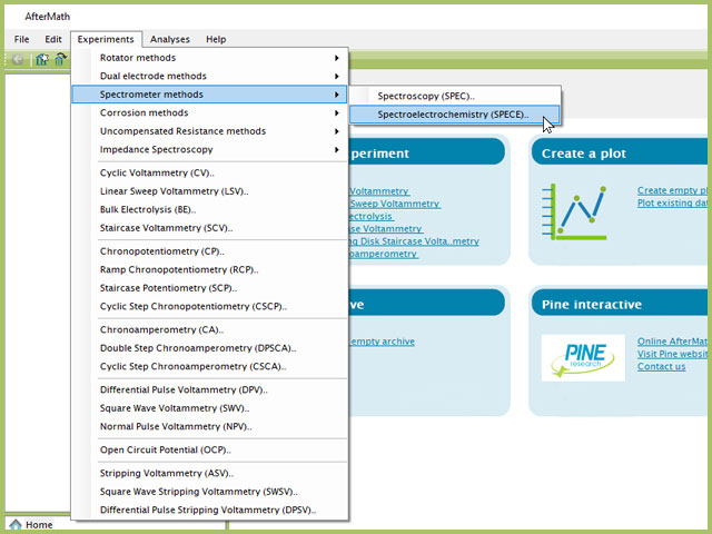 Spectroelectrochemistry (SPECE) Experiment Menu Selection in AfterMath