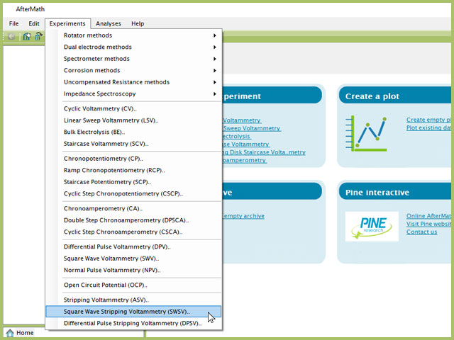 Square Wave Stripping Voltammetry (SWSV) Experiment Menu Selection in AfterMath