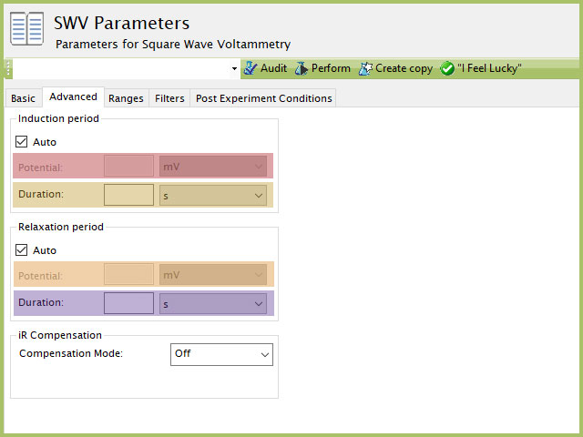 Square Wave Voltamemtry (SWV) Advanced Tab settings plot