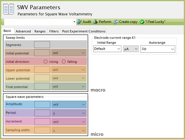 Basic tab for Square Wave Voltammetry (SWV) experimental parameters. Inset figure plots each BE period on a time axis